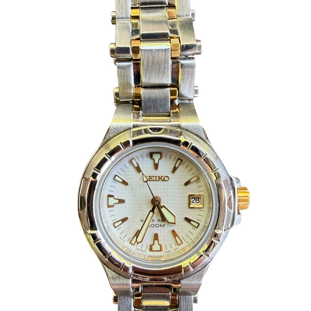 Seiko Womens Two Tone Stainless Steel Watch 7N82-0709 Sapphire 100M Date Box - Picture 3 of 10